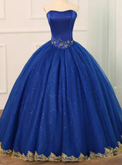 Royal Blue Tulle Strapless Appliques Formal Quinceanera Dresses