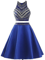 Royal Blue Two Piece Satin Beading Crystal Homecoming Dresses