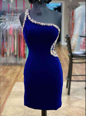 Royal Blue Velvet One Shoulder Crystal Homecoming Dresses