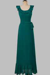 Ruffled Crew Neck Emerald Chiffon Midi Bridesmaid Dress