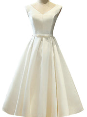 Satin A-Line Short V Neck Sashes Lace Up Tea Length Bridal Dresses