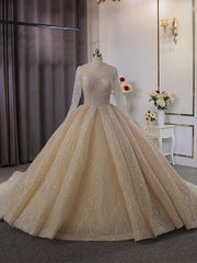 Sequins Tulle High Neck Long Sleeve Beading Wedding Dresses