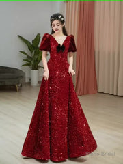 Sexy A line Burgundy Sequin Prom Dresses Evening Dress