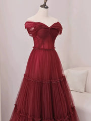 Sexy A Line Off The Shoulder Burgundy Tulle Floor Length Evening Dresses Prom Dresses