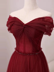 Sexy A Line Off The Shoulder Burgundy Tulle Floor Length Evening Dresses Prom Dresses