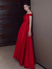 Sexy A Line Off The Shoulder Satin Red Floor Length Evening Dresses Prom Dresses