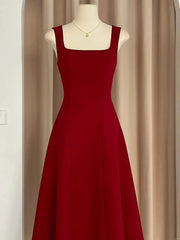 Sexy A Line Square Neckline Red Satin Ankle Length Evening Dresses Prom Dresses