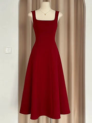 Sexy A Line Square Neckline Red Satin Ankle Length Evening Dresses Prom Dresses