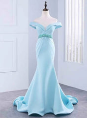 Sexy Blue Mermaid Satin Off The Shoulder Long Prom Dresses With Beading