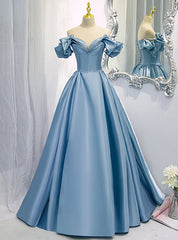 Sexy Blue Satin Off The Shoulder Prom Dresses