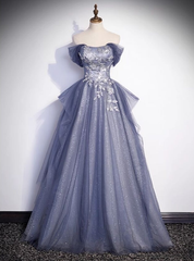 Sexy Blue Tulle Off the Shoulder Sequins Beading Prom Dresses