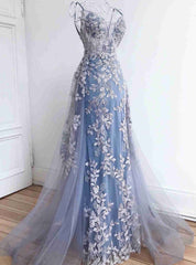 Sexy Blue Tulle Spaghetti Straps Appliques Prom Dresses