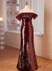 Sexy Burgundy Mermaid Sequins Off the Shoulder Prom Dresses