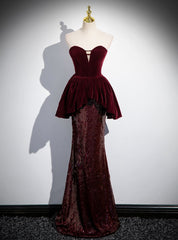 Sexy Burgundy Velvet Sequins Strapless Prom Dresses