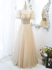 Sexy Champagne Tulle Pearls Puff Sleeve Prom Dresses