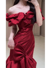 Sexy Mermaid Off The Shoulder Burgundy Satin Floor Length Evening Dresses Prom Dresses