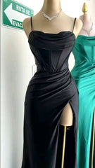 Sexy Mermaid Spaghetti Straps Black Long Evening Dresses Backless Prom Dresses