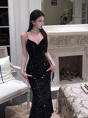 Sexy Mermaid Spaghetti Straps Black Sequin Evening Dress Prom Dresses