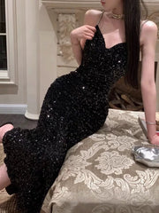 Sexy Mermaid Spaghetti Straps Black Sequin Evening Dress Prom Dresses