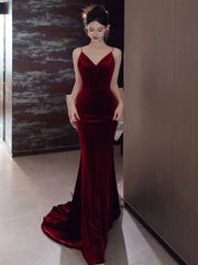 Sexy Mermaid Spaghetti Straps Burgundy Velvet Long Evening Dresses Prom Dresses