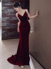 Sexy Mermaid Spaghetti Straps Burgundy Velvet Long Evening Dresses Prom Dresses