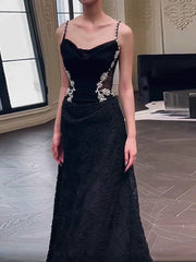 Sexy Mermaid Spaghetti Straps Black Floor Length Evening Dresses Prom Dresses