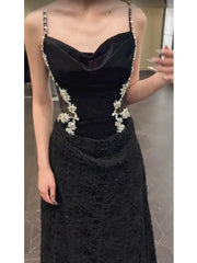 Sexy Mermaid Spaghetti Straps Black Floor Length Evening Dresses Prom Dresses