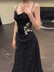 Sexy Mermaid Spaghetti Straps Black Floor Length Evening Dresses Prom Dresses