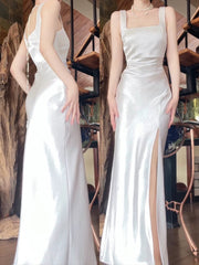 Sexy Mermaid Square Neckline White Slit Long Evening Dresses Prom Dresses Birthday Outfits