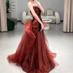 Sexy Mermaid Sweetheart Burgundy Floor Length Evening Dresses Sequin Prom Dresses