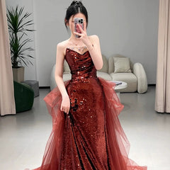 Sexy Mermaid Sweetheart Burgundy Floor Length Evening Dresses Sequin Prom Dresses