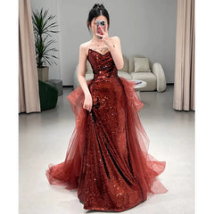 Sexy Mermaid Sweetheart Burgundy Floor Length Evening Dresses Sequin Prom Dresses