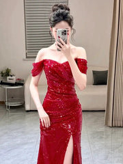 Sexy Mermaid Sweetheart Red Off The Shoulder Sequin Slit Floor Length Evening Dresses Prom Dresses