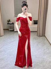 Sexy Mermaid Sweetheart Red Off The Shoulder Sequin Slit Floor Length Evening Dresses Prom Dresses