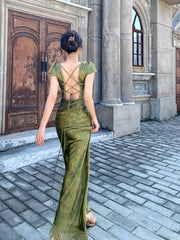 Sexy Mermaid V Neckline Short Sleeves Lace Green Floor Length Evening Dresses Prom Dresses