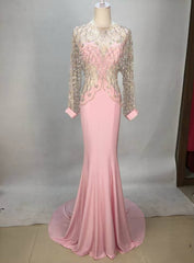 Sexy Pink Long Sleeve Beaded Chiffon Long Prom Dresses