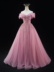 Sexy Pink Tulle Off the Shoulder Pleats Beading Prom Dresses