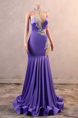 Sexy Purple Mermaid Prom Dresses Heavily Beading Women Evening Dresses Halter Neck