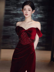 Sexy Sheath Off The Shoulder Burgundy Velvet Floor Length Evening Dresses Prom Dresses