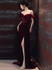 Sexy Sheath Off The Shoulder Burgundy Velvet Floor Length Evening Dresses Prom Dresses