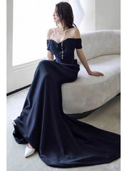 Sexy Sheath Off The Shoulder Navy Blue Satin Floor Length Evening Dresses Prom Dresses