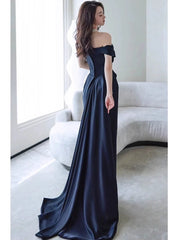 Sexy Sheath Off The Shoulder Navy Blue Satin Floor Length Evening Dresses Prom Dresses