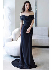 Sexy Sheath Off The Shoulder Navy Blue Satin Floor Length Evening Dresses Prom Dresses