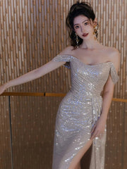 Sexy Sheath Off The Shoulder Sequin Slit Floor Length Evening Dress Prom Dresses