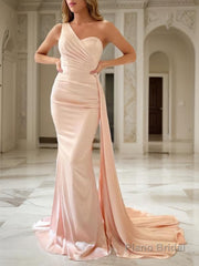 Sheath/Column One-Shoulder Sweep Train Silk like Satin Prom Dresses With Ruffles