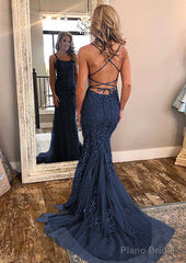 Sheath/Column Square Neckline Sleeveless Court Train Lace Prom Dresses With Appliqued