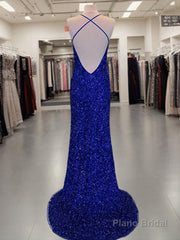 Sheath/Column V-neck Sweep Train Velvet Sequins Prom Dresses With Leg Slit