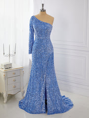 Sheath Long Sleeves Velvet Sequins One-Shoulder Sweep Train Dress