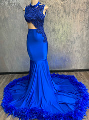 Sheath Royal Blue Mermaid Sleeveless High Neck Long Prom Dressese