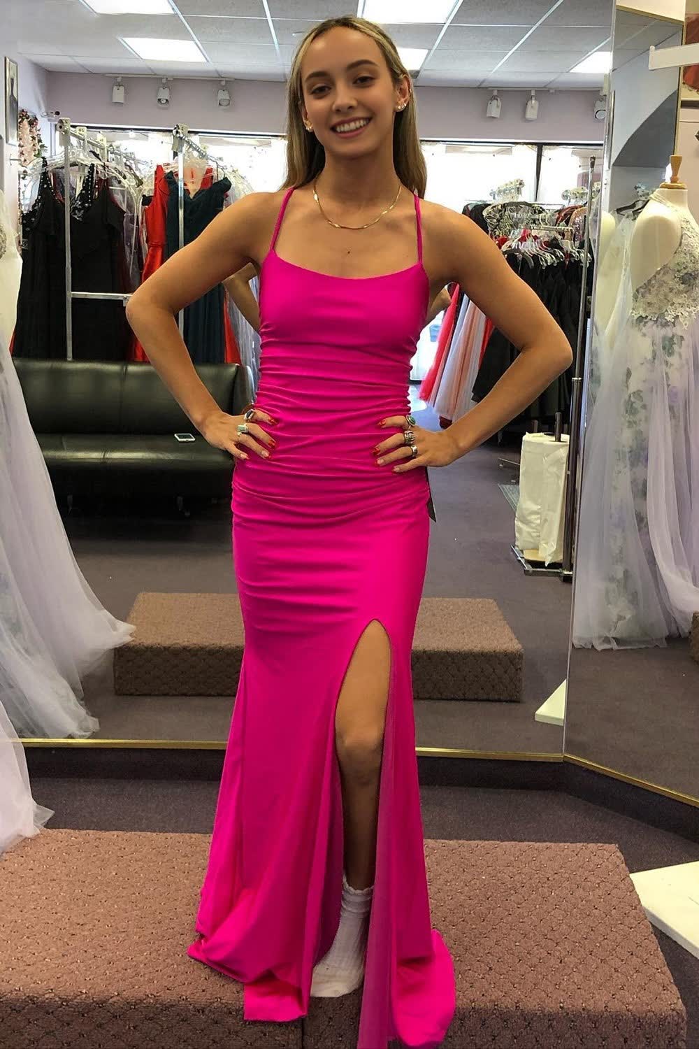 Sheath Spaghetti Straps Hot Pink Long Prom Dress with Silt